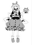  black_shirt black_skirt blonde_hair blue_hair bow bubble_skirt chibi colored_eyelashes commentary_request doll_joints frilled_shirt frilled_shirt_collar frilled_skirt frilled_sleeves frilled_socks frills full_body highres hug joints looking_at_viewer medicine_melancholy monochrome ponytail puffy_short_sleeves puffy_sleeves red_bow red_ribbon red_shirt red_shoes red_skirt ribbon shirt shoes short_sleeves skirt smile socks standing su-san touhou wafusub_3 white_background 