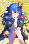  arknights black_jacket blue_eyes blue_hair chibi chinese_commentary closed_mouth commentary_request cowboy_shot demon_horns detached_wings exusiai_(apple)_(arknights) exusiai_(arknights) fiammetta_(arknights) fur-trimmed_jacket fur_trim gloves gradient_background green_background halo hand_on_own_cheek hand_on_own_face head_rest highres horns invisible_chair jacket lemuen_(arknights) long_hair long_sleeves looking_at_viewer mini_person minigirl mostima_(arknights) open_clothes open_jacket pink_eyes pink_hair red_eyes red_hair shirt short_hair sitting smile solo_focus tail traditional_halo white_gloves white_shirt wings yuzi_shao_xian_cao 