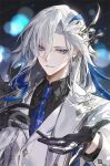  0jae 1boy alternate_costume artist_name black_background black_gloves black_shirt blue_hair blue_necktie bright_pupils buttons collared_shirt commentary diamond-shaped_pupils diamond_(shape) diamond_button earrings eyelashes formal_clothes fur-trimmed_jacket fur_trim genshin_impact gloves gold_earrings gold_ring grey_hair hair_between_eyes hand_on_own_chest hands_up headpiece highres jacket jewelry lapels leather leather_gloves long_hair long_sleeves looking_at_viewer male_focus multicolored_hair multiple_rings necktie neuvillette_(genshin_impact) open_clothes open_jacket pointy_ears purple_eyes ring shirt smile solo sparkle streaked_hair suit suit_jacket symbol-shaped_pupils teeth vest watermark white_jacket white_pupils white_vest 