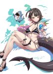  1girl absurdres alternate_costume alternate_hairstyle bangboo_(zenless_zone_zero) bikini black_bikini black_choker black_hair black_shoes blush breasts character_name choker closed_mouth collarbone colored_inner_hair commentary_request crossed_legs cup drink ellen_joe fins fish_tail frilled_bikini frills hair_ornament highres holding holding_cup holding_drink innertube large_breasts looking_at_viewer mole mole_under_eye multicolored_hair pomita red_eyes red_hair shark_girl shark_tail sharkboo_(zenless_zone_zero) shoes short_hair short_side_ponytail side_ponytail swim_ring swimsuit tail thigh_strap two-tone_hair zenless_zone_zero 