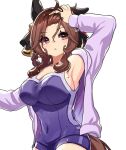  1girl animal_ears blue_one-piece_swimsuit blush braid braided_hair_rings breasts brown_hair competition_school_swimsuit ear_covers ear_ornament gentildonna_(umamusume) hair_between_eyes hair_ornament hair_rings horse_ears horse_girl horse_tail jacket large_breasts long_hair looking_at_viewer nieto_tokage one-piece_swimsuit open_clothes open_jacket red_eyes school_swimsuit simple_background single_vertical_stripe solo swimsuit tail tracen_swimsuit umamusume 