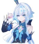  1girl bare_shoulders blue_eyes blue_hair bright_pupils cerydra_(honkai:_star_rail) chess_piece commentary crown detached_sleeves highres holding holding_chess_piece honkai:_star_rail honkai_(series) long_hair long_sleeves mini_crown multicolored_hair pawn_(chess) q_qtq sleeveless solo upper_body white_hair white_pupils 