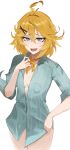  1girl absurdres ahoge aqua_shirt blonde_hair blue_eyes blush bottomless breasts canvas_sensei cleavage dokibird fang feather_hair green_eyes hair_between_eyes hair_ornament hand_on_own_hip hand_up highres indie_virtual_youtuber looking_at_viewer naked_shirt neckerchief open_clothes open_mouth open_shirt partially_unbuttoned pinstripe_pattern pinstripe_shirt shirt short_hair simple_background skin_fang small_breasts smile solo standing striped_clothes striped_shirt sweat thighs vertical-striped_clothes vertical-striped_shirt virtual_youtuber white_background x_hair_ornament yellow_neckerchief 