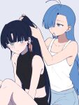  2girls ado_(utaite) black_shirt blue_eyes blue_hair blue_shorts closed_mouth commentary crop_top grey_background hair_over_one_eye highres long_hair merry_(ado) midriff multiple_girls naima_(ado) nori_(norinori_yrl) ponytail readymade_(ado) shirt shorts simple_background sleeveless sleeveless_shirt tank_top tying_another's_hair untranslatable_commentary usseewa white_tank_top 