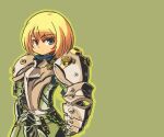  1girl armor armored_dress blonde_hair blue_eyes bob_cut borokuro chainmail closed_mouth commentary_request cowboy_shot dress gauntlets green_background green_outline looking_at_viewer outline pauldrons phalanx_(sekaiju) phalanx_2_(sekaiju) sekaiju_no_meikyuu sekaiju_no_meikyuu_3 short_hair shoulder_armor simple_background solo 