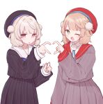  2girls 317pis_love beret black_shirt black_skirt blonde_hair blue_ribbon blunt_bangs blush bow buttons commentary cowboy_shot dress four-finger_heart_hands green_eyes hair_ornament hair_rings hat heart heart_hands heart_hands_duo highres indie_virtual_youtuber jacket long_sleeves looking_at_viewer multiple_girls neck_ribbon one_eye_closed open_mouth pinstripe_pattern pinstripe_shirt pinstripe_skirt pleated_skirt pom_pom_(clothes) pom_pom_hair_ornament red_eyes red_sailor_collar ribbon sailor_collar school_uniform serafuku shigure_ui_(1st_costume)_(vtuber) shigure_ui_(vtuber) shirt short_hair simple_background skirt sleeve_cuffs smile striped_clothes striped_jacket striped_skirt triangle_mouth ui_(voisona) untranslatable_commentary vertical-striped_clothes vertical-striped_jacket vertical-striped_skirt virtual_youtuber voisona white_background white_sailor_collar 