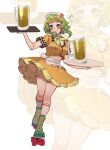  1girl alcohol alternate_costume apron aqua_eyes beer beer_mug carhop checkered_trim commentary crop_top cup earrings flying_sweatdrops frilled_apron frills full_body glint green_hair green_neckerchief gumi hair_ornament hairclip highres holding holding_tray hoop_earrings jewelry kneehighs light_blush looking_at_object looking_to_the_side mug neckerchief open_mouth orange_shirt orange_skirt petticoat roller_skates shirt short_hair short_hair_with_long_locks skates skating skirt socks solo sunnypoppy tray untranslatable_commentary vocaloid waist_apron waitress white_apron white_mouth white_socks zoom_layer 