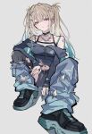  1girl aqua_hair black_jacket black_nails black_shoes blonde_hair blue_leg_warmers braid commentary full_body gradient_hair green_eyes highres jacket jewelry leg_warmers long_hair looking_at_viewer multicolored_hair nijisanji reina_(1st_costume)_(nijisanji) reina_(nijisanji) ring shoes simple_background sitting solo torn_clothes torn_jacket two-tone_hair virtual_youtuber watch white_background wristwatch yozakura_nozomu 