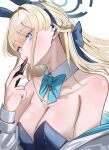  1girl absurdres animal_ear_hairband animal_ears applying_lipstick applying_makeup bare_shoulders blonde_hair blue_archive blue_bow blue_eyes blue_hairband blue_halo blue_leotard blush bow braid breasts commentary cosmetics detached_collar earpiece earrings fake_animal_ears hair_bow hairband half_up_braid halo highres holding holding_lipstick_tube jacket jewelry kumakono leotard lipstick_tube official_alternate_costume official_alternate_hairstyle open_clothes open_jacket parted_lips rabbit_ear_hairband rabbit_ears solo strapless strapless_leotard stud_earrings toki_(blue_archive) toki_(bunny)_(blue_archive) white_jacket wrist_cuffs 
