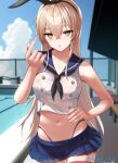  1girl alternate_breast_size_(larger) animal_ears bare_shoulders black_neckerchief black_panties black_ribbon blonde_hair blue_sailor_collar blue_skirt blush breasts buttons commentary_request covered_nipples cropped_shirt dangan_kurabu double-breasted expressionless hair_between_eyes hair_ribbon hairband hand_on_own_hip hand_up highleg highleg_panties highres kantai_collection long_hair looking_at_viewer medium_breasts microskirt navel neckerchief nipples no_bra outdoors panties pleated_skirt rabbit_ears ribbon sailor_collar school_uniform see-through_clothes see-through_shirt serafuku shimakaze_(kancolle) shirt skirt sleeveless sleeveless_shirt solo standing stomach thighhighs thighs underwear upskirt very_long_hair wet wet_clothes wet_hair wet_panties wet_shirt white_shirt yellow_eyes 