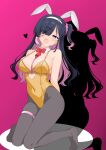  1girl absurdres animal_ears arms_behind_back belt black_pantyhose blue_hair bow bowtie breasts clothing_cutout collarbone colored_inner_hair commentary_request cosplay detached_collar facial_mark fake_animal_ears fishnet_pantyhose fishnets gold_leotard hair_ornament hair_over_one_eye hairband heart heart_cutout highres k_suke2nd kneeling leotard long_hair looking_at_viewer multicolored_hair necktie no_shoes open_mouth original pantyhose pink_background pink_belt pink_hair playboy_bunny rabbit_ears rabbit_hair_ornament rabbit_hole_(vocaloid) red_bow red_bowtie red_necktie shadow short_necktie skindentation solo teardrop_facial_mark thigh_belt thigh_strap two-tone_hair white_hairband x_hair_ornament 