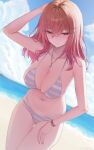  1girl absurdres arm_up ass_visible_through_thighs beach bikini blue_sky bracelet breasts cleavage closed_mouth commentary cowboy_shot day gradient_hair hair_between_eyes hair_ornament hairclip halterneck hand_on_own_head highres hololive hololive_dev_is ichijou_ririka jewelry large_breasts long_hair multi-strapped_bikini_bottom multicolored_hair navel necklace orange_eyes orange_hair outdoors pink_hair sky smile solo steelball_(jwk76806995) string_bikini striped_bikini striped_clothes swept_bangs swimsuit thigh_gap triangle_bikini_top virtual_youtuber 