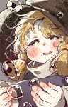  1girl absurdres blonde_hair blush bright_pupils brown_hat commentary_request hair_ribbon hat highres igarashi_yuusuke_(wabisabi_buriki) long_hair long_sleeves moriya_suwako open_mouth purple_vest red_ribbon ribbon smile solo touhou tress_ribbon upper_body vest water_drop white_pupils wide_sleeves yellow_eyes 