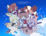  >_< 4girls :3 angelina_(arknights) angelina_the_mellow_wish_(arknights) anshijiujiu arknights brown_eyes brown_hair chibi chibi_only chibikemo chinese_commentary cloud commentary_request flying fox furrification furry furry_female hairband highres holding holding_staff jacinta_(arknights) long_hair multiple_girls open_mouth outdoors pink_eyes pink_rabbit rabbit raccoon sky smile sparkle staff staff_riding thumpy_(arknights) timeslot_(arknights) twintails yellow_eyes 