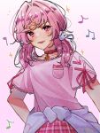  1girl beamed_eighth_notes bell birthday breast_pocket choker clothes_around_waist commentary doki_doki_literature_club english_commentary fang hand_on_own_hip highres jacket jacket_around_waist musical_note natsuki_(doki_doki_literature_club) neck_bell pink_eyes pink_hair pink_shirt pocket quarter_note red_choker shirt solo sparkle yananeruu 