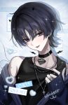  1boy :p absurdres alternate_costume bishie_sparkle bishounen black_choker black_hair black_horns black_sleeves black_tank_top black_wings blue_background blunt_ends casual character_name choker commentary contemporary cross cross_necklace demon_boy demon_wings detached_horns detached_sleeves diffraction_spikes drop_shadow empty_eyes english_text eyeliner finger_under_clothes fingernails genshin_impact grey_nails head_tilt heart highres horns jacket jewelry korean_text long_sleeves looking_at_viewer makeup male_focus middle_ring necklace open_clothes open_jacket piercing portrait purple_eyes purple_jacket red_eyeliner red_pupils scaramouche_(genshin_impact) silver_necklace single_bare_shoulder single_off_shoulder sleeves_past_wrists solo sweatdrop talking_ok tank_top tongue tongue_out tongue_piercing translation_request tsurime wanderer_(genshin_impact) window_(computing) winged_heart wings wispy_bangs 
