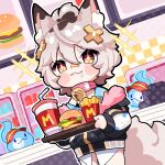  1girl animal_ear_fluff animal_ears bandaid bandaid_on_face bandaid_on_nose bell bikini black_bikini black_jacket blonde_hair burger cheese chibi collar cross_hair_ornament cup drinking_straw drooling food fox_ears fox_girl fox_tail french_fries hair_between_eyes hair_ornament highres hitodama indie_virtual_youtuber jacket neck_bell pink_collar shirahiko_(vtuber) shirt short_eyebrows short_hair solo sparkling_eyes swimsuit tail virtual_youtuber white_shirt 