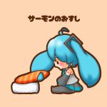  1girl absurdres ahoge blue_hair chibi chibi_only commentary detached_sleeves fish_(food) food from_side hatsune_miku highres mini_person minigirl miniskirt nigirizushi pleated_skirt prehensile_hair salmon sh1n_chan shirt simple_background sitting skirt sleeveless sleeveless_shirt solo sushi thick_outlines translated twintails vocaloid 