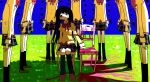  1girl absurdres akemi_homura black_hair blue_sky bow bowtie braid canon_event chair crying goguma_wagamja grass hair_bow hand_on_chair highres kneehighs long_hair mahou_shoujo_madoka_magica mahou_shoujo_madoka_magica:_hangyaku_no_monogatari mitakihara_school_uniform multiple_hair_bows on_chair paint_splatter plaid_clothes plaid_skirt purple_eyes school_uniform sitting skirt sky socks surrounded sweater twin_braids 