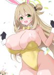  1girl absurdres animal_ear_hairband animal_ears areola_slip bare_shoulders black_gloves blonde_hair blue_archive blush bow bowtie breasts cleavage commentary_request covered_navel detached_collar fake_animal_ears gloves green_eyes green_halo groin hair_bun hairband halo highleg highleg_leotard highres huge_breasts leotard long_hair looking_at_viewer nonomi_(blue_archive) open_mouth partial_commentary playboy_bunny rabbit_ear_hairband rabbit_ears rikki_(ganba_rikki) single_side_bun smile solo strapless strapless_leotard thighs wrist_cuffs yellow_bow yellow_bowtie yellow_leotard 