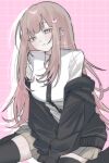  1girl bad_id bad_twitter_id breasts brown_hair collared_shirt commentary_request danganronpa_(series) danganronpa_2:_goodbye_despair flipped_hair hair_ornament highres hood jacket long_sleeves looking_at_viewer nanami_chiaki neck_ribbon nelt off_shoulder open_clothes open_jacket pink_eyes pink_ribbon pleated_skirt ribbon shiny_skin shirt skirt solo thighhighs white_shirt 