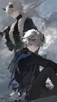  2boys absurdres ardashir_(arknights) arknights arknights:_endfield arm_on_knee bishounen black_coat black_horns black_pants blue_jacket cane chinese_commentary cloud cloudy_sky coat commentary_request dual_persona earclip finger_tattoo from_side fur-trimmed_coat fur_trim gloves grey_eyes grey_hair highres holding holding_cane horns jacket knee_up lapels long_hair looking_at_viewer low_ponytail male_focus multiple_boys over_shoulder pants partially_fingerless_gloves pointy_ears ponytail profile prototype_design short_hair sky snake_boy tattoo turtleneck weapon weapon_over_shoulder xuanfananchun 