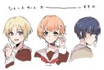  3girls alternate_hair_length_(shorter) alternate_hairstyle blonde_hair blue_eyes blue_hair blush brown_dress closed_mouth commentary dress expressionless gradient_hair green_eyes hasu_no_sanrenka hasu_no_sora_school_uniform highres hinoshita_kaho long_sleeves love_live! love_live!_hasu_no_sora_jogakuin_school_idol_club multicolored_hair multiple_girls murano_sayaka neckerchief open_mouth orange_hair osawa_rurino profile red_neckerchief roku_aya_fuyu sailor_collar sailor_dress school_uniform short_hair simple_background smile translation_request untranslatable_commentary virtual_youtuber white_background white_sailor_collar winter_uniform 