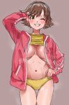  1girl areola_slip arm_on_own_head arm_up blush breasts brown_eyes brown_hair clothes_lift commentary_request grin honda_mio idolmaster idolmaster_cinderella_girls jacket kilesha long_sleeves panties red_jacket shirt_lift short_hair smile solo striped_clothes striped_jacket tareme underwear yellow_panties 