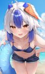  1girl :d beach bikini black_shoes blue_bikini blue_hair blue_sky breasts cloud commentary_request cowboy_shot day fang gunsou1350 head_wings highres holding holding_swim_ring horns leaning_forward looking_at_viewer medium_breasts medium_hair micro_shorts multicolored_hair navel open_fly open_mouth outdoors red_eyes shoes shorts skin_fang sky smile solo swim_ring swimsuit tokiko_(touhou) touhou two-tone_hair white_hair wings 