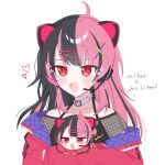  2girls ahoge animal_ear_headphones animal_ears bang_dream! bang_dream!_yumemita black_cape black_hair black_shoes black_skirt cape chibi choker commentary crop_top dual_persona fake_animal_ears fishnet_top fishnets full_body hair_ornament hairclip headphones headset highres holding holding_mini_person jacket kuroneko_2957 long_hair microphone mini_person minigirl multicolored_hair multiple_girls open_clothes open_jacket parallel_hairclips pink_hair pink_jacket red_eyes sengoku_yuno shoes simple_background skirt translation_request two-tone_hair untranslatable_commentary virtual_youtuber white_background white_choker x_hair_ornament 