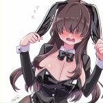  1girl animal_ears black_bow black_bowtie black_leotard black_pantyhose black_shrug blush bow bowtie breasts brown_hair cleavage commentary covered_eyes detached_collar embarrassed facing_viewer fake_animal_ears flying_sweatdrops kakure_meme kimi_no_koto_ga_dai_dai_dai_dai_daisuki_na_100-nin_no_kanojo large_breasts leotard long_hair long_sleeves mole mole_under_mouth nontraditional_playboy_bunny nose_blush official_alternate_costume open_mouth pantyhose rabbit_ears shrug_(clothing) signature simple_background solo strapless strapless_leotard syuuka617 untranslatable_commentary upper_body watermark wavy_mouth white_background 