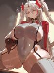  1girl absurdres ass_visible_through_thighs azur_lane breasts commentary covered_navel cross english_commentary garter_straps hand_on_own_hip headgear highleg highleg_leotard highres huge_breasts iron_cross katanauchiha2 leotard long_hair looking_at_viewer prinz_eugen_(azur_lane) prinz_eugen_(cruiser) sideboob skindentation solo spread_legs thick_thighs thighhighs thighs 
