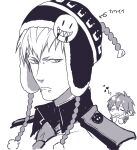  2boys arrow_(symbol) beanie bridge_piercing chibi chibi_inset closed_mouth commentary_request dramatical_murder face_piercing greyscale hat heart jewelry kuwa_ayase lip_piercing looking_at_viewer male_focus monochrome multiple_boys multiple_piercings necktie noiz_(dramatical_murder) piercing seragaki_aoba shirt short_hair simple_background t-shirt translation_request white_background 