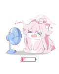  >_< absurdres ahoge animal animal_focus battery_indicator blue_archive blush claws closed_eyes commentary electric_fan hair_between_eyes halo highres hoshino_(blue_archive) lattes2 long_hair open_mouth pink_hair pink_halo ponta_itachi simple_background sitting weasel white_background 