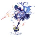  1girl absurdres apron black_boots black_hat blue_hair blue_skirt boots bow bowtie chinese_commentary commentary_request frilled_skirt frills fruit_hat_ornament hair_between_eyes hat hat_ornament highres hinanawi_tenshi holding holding_sword holding_weapon kaname-ishi knee_boots lace-up_boots leaf_hat_ornament leg_up long_hair peach_hat_ornament puffy_short_sleeves puffy_sleeves red_bow red_bowtie red_eyes shirt short_sleeves simple_background skirt solo standing standing_on_one_leg sword sword_of_hisou tiantiantiantaozi touhou very_long_hair waist_apron weapon white_apron white_background white_shirt 