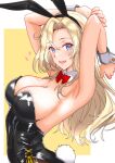  1girl absurdres animal_ear_hairband animal_ears black_leotard blonde_hair blush bow bowtie breasts commentary_request covered_navel detached_collar fake_animal_ears grey_eyes hairband highres hornet_(kancolle) kantai_collection large_breasts leotard long_hair looking_at_viewer low_neckline nitamako_(sakamalh) open_mouth pantyhose playboy_bunny rabbit_ear_hairband rabbit_ears rabbit_tail smile solo strapless strapless_leotard tail white_background white_wrist_cuffs wrist_cuffs 