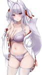  1girl animal_ears blush bow bow_bra bra breasts cleavage commentary_request cowboy_shot fox_ears fox_girl fox_tail hair_bobbles hair_ornament highres japanese_clothes kimono_partially_removed large_breasts long_hair miko navel nervous original panties purple_bra purple_eyes purple_panties ribbon-trimmed_sleeves ribbon_trim simple_background sogaya solo tail thighhighs underwear undressing white_background white_hair white_thighhighs 