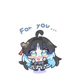  1girl ahoge black_dress black_hair blue_eyes blue_hair chibi chibi_only closed_mouth commentary_request dress english_text envelope gloves hair_ornament highres holding holding_envelope holding_letter letter long_hair looking_at_viewer love_letter mole multicolored_hair parted_bangs simple_background solo standing straight-on syurikenmaru very_long_hair white_background wuthering_waves yangyang_(wuthering_waves) yangyang_(xuanling)_(wuthering_waves) 