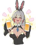  1girl animal_ears beer_mug black_leotard blue_necktie breasts bunny_day cleavage commentary cup detached_collar fake_animal_ears highres holding holding_cup leotard long_hair looking_at_viewer mug multicolored_hair necktie open_mouth original playboy_bunny rabbit_ears red_streaks simple_background smile strapless strapless_leotard streaked_hair untranslatable_commentary upper_body white_hair yu_ma_yun 