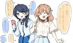  2girls :d ^_^ blue_eyes blue_jacket blue_ribbon blue_skirt blush closed_eyes colored_speech_bubble commentary_request eating food hair_intakes hair_ornament hair_ribbon highres hinoshita_kaho hinoshita_kaho_(summer_training_wear) holding holding_food holding_popsicle hood hood_down hooded_jacket jacket long_hair long_sleeves love_live! love_live!_hasu_no_sora_jogakuin_school_idol_club low_twintails medium_hair multiple_girls murano_sayaka murano_sayaka_(summer_training_wear) nervous_smile open_mouth orange_hair pleated_skirt popsicle rabbit_hair_ornament ribbon shirt short_sleeves simple_background sio_pasta skirt smile speech_bubble sweatdrop t-shirt translation_request twintails two_side_up virtual_youtuber white_background white_shirt 