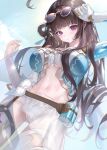  1girl ahoge bikini breasts brown_hair commentary doa_(xmxa8422) eyewear_on_head highres large_breasts long_hair looking_at_viewer mechanical_arms mechanical_hands official_alternate_costume pout purple-tinted_eyewear purple_eyes ribbed_bikini sarong see-through_clothes see-through_sarong single_mechanical_arm solo stella_sora sunglasses swimsuit tinted_eyewear untranslatable_commentary very_long_hair white_bikini white_sarong willow_(stella_sora) willow_(suntide)_(stella_sora) 