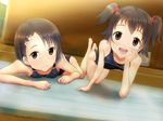  akagi_miria all_fours black_hair brown_eyes competition_swimsuit hair_ornament hairclip highres idolmaster idolmaster_cinderella_girls lying mat multiple_girls on_stomach one-piece_swimsuit perspective sasaki_chie shinkuoh short_hair swimsuit teeth twintails 