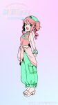  1girl :d absurdres arms_behind_back baggy_pants brooch commentary_request drill_hair green_eyes green_pants hair_ornament hair_scrunchie hanabishi_haruka heart heart_brooch highres jewelry looking_at_viewer mahou_shoujo_ni_akogarete navel necklace official_art ononaka_akihiro open_mouth pants pink_hair ribbon_earrings sandals scrunchie shirt smile teeth tied_shirt twin_drills twintails upper_teeth_only watch white_sandals wristwatch 