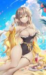  1girl alternate_costume arm_support bare_shoulders beach between_breasts black_one-piece_swimsuit blueberry breasts brown_eyes brown_hair cleavage closed_mouth collarbone commentary_request contrail cup cupcake curvy day dot_nose drink drinking_glass drinking_straw dutch_angle feet_out_of_frame fish_hair_ornament flower food frilled_one-piece_swimsuit frills fruit girls'_frontline girls'_frontline_2:_exilium glass grapes hair_between_eyes hair_ornament hand_in_own_hair highres lainie_(girls'_frontline_2) large_breasts long_hair looking_at_viewer low_neckline muffin ocean one-piece_swimsuit orange_(fruit) orange_slice outdoors ozzingo petals plant plate red_flower ribbon sand shawl smile solo star-shaped_pupils star_(symbol) star_hair_ornament swimsuit symbol-shaped_pupils thick_thighs thigh_gap thigh_strap thighs ump40_(girls'_frontline) wafer_stick water water_drop wine_glass yellow_ribbon yellow_shawl 