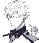  2boys barbell_piercing beanie bridge_piercing chibi chibi_inset closed_mouth commentary_request dramatical_murder ear_piercing earrings face_piercing greyscale hat heart industrial_piercing jewelry kuwa_ayase lip_piercing looking_at_viewer male_focus monochrome multiple_boys multiple_piercings necktie noiz_(dramatical_murder) piercing seragaki_aoba shirt short_hair simple_background t-shirt white_background 