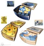  biscuit_(bread) box checkerboard_cookie commentary cookie crescent fine_art_parody flower flower-shaped_food food food_art food_focus foodification gift gift_box highres icing kanagawa_okinami_ura katsushika_hokusai_(1760) meringue no_humans original parody reference_inset ryota_(ry_o_ta) signature simple_background starry_night_(van_gogh) still_life sunflower sunflowers_(van_gogh) untranslatable_commentary waves white_background wooden_box 