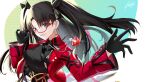  1girl absurdres adjusting_eyewear aqua_eyes bespectacled black_gloves black_hair black_shirt breasts commentary fate/stay_night fate_(series) gem glasses glint gloves hands_up highres honkai:_star_rail honkai_(series) jacket jewelry kaeyta large_breasts long_sleeves looking_at_viewer looking_over_eyewear mixed-language_commentary necklace official_alternate_costume parted_lips red-framed_eyewear red_gem red_jacket rin's_pendant_(fate) semi-rimless_eyewear shirt signature simple_background smile solo tohsaka_rin tohsaka_rin_(honkai:_star_rail) twintails upper_body 