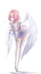  1girl absurdres bare_shoulders blush breasts closed_mouth commentary_request detached_sleeves dress eyelashes feathered_wings fingernails full_body hainseiv hair_intakes hair_ribbon highres huge_breasts leaning_forward long_sleeves looking_at_viewer medium_hair nail_polish one_eye_closed pink_eyes pink_hair pink_lips purple_nails purple_ribbon remielle_dan ribbon shoes signature simple_background smile solo tassel thighhighs thighs white_background white_dress white_ribbon white_shoes white_sleeves white_thighhighs white_wings wings zenless_zone_zero 