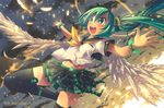  aki_(akisora_hiyori) bracelet cloud feathers green_eyes green_hair halo hatsune_miku headphones highres jewelry long_hair open_mouth outstretched_arms school_uniform serafuku skirt sky solo spread_arms thighhighs twintails vocaloid wings 