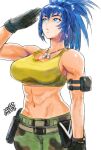  1girl abs arm_pouch arm_strap bare_shoulders belt blue_eyes blue_hair breasts closed_mouth commentary_request crop_top earrings jewelry large_breasts leona_heidern misodiru muscular muscular_female navel pants ponytail pouch salute solo sweat tank_top the_king_of_fighters the_king_of_fighters_xv toned toned_female triangle_earrings yellow_tank_top 